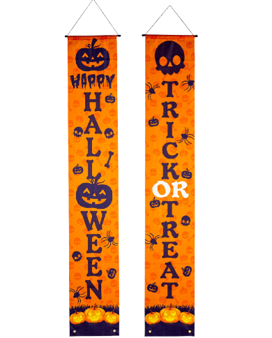 2 bannières en tissu Happy Halloween h. 180 cm x l. 30 cm env. dans un sachet avec étiquette ferme-sachet