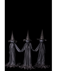 3 petites sorcières noires avec lumières sur piédestal (piles comprises) h. env. 150 cm avec étiquette volante / ...