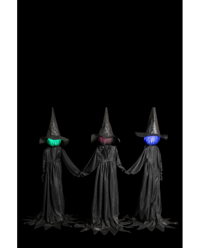 3 petites sorcières noires avec lumières sur piédestal (piles comprises) h. env. 150 cm avec étiquette volante / ...