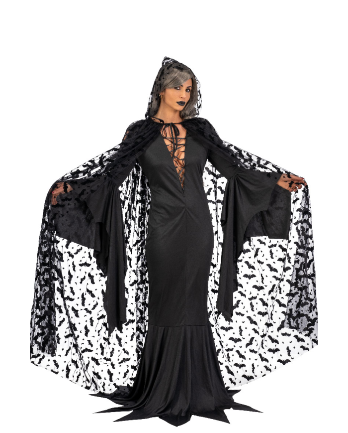 Tulle cape w/bat printings and hood l.cm.140 in bag w/hook