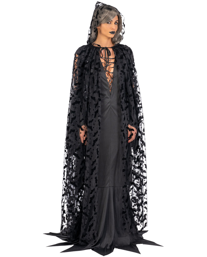 Tulle cape w/bat printings and hood l.cm.140 in bag w/hook