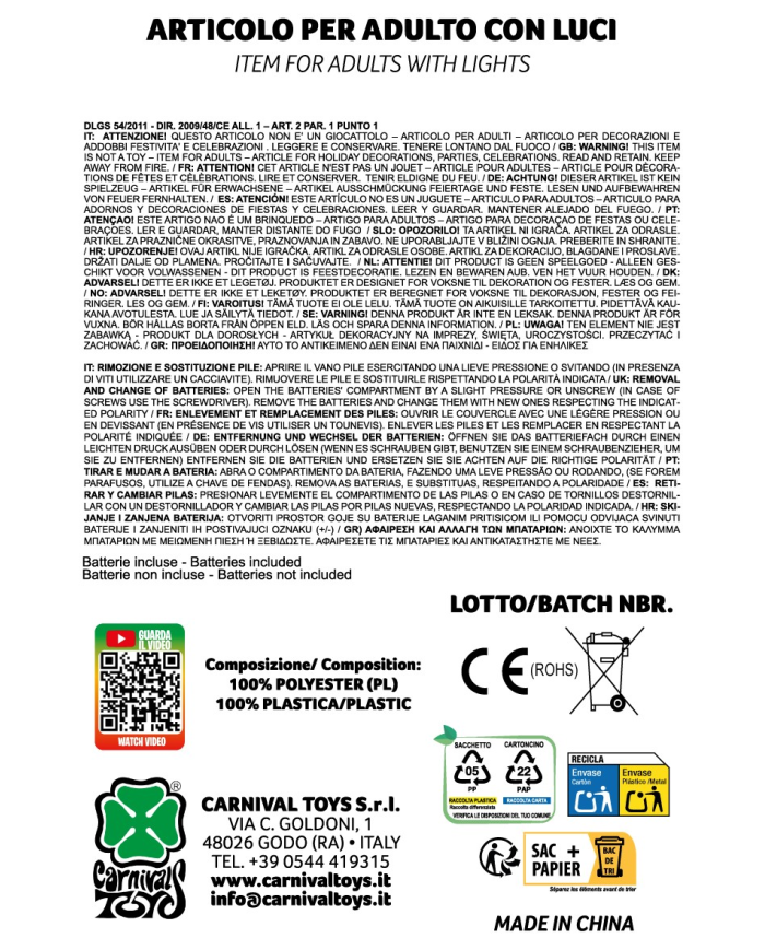 Maschera antigas con decorazioni luminose (batterie escluse) in busta con cavallotto