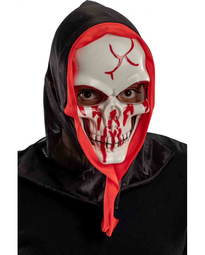 White rigid plastic skull mask with blood splashes, with fabric