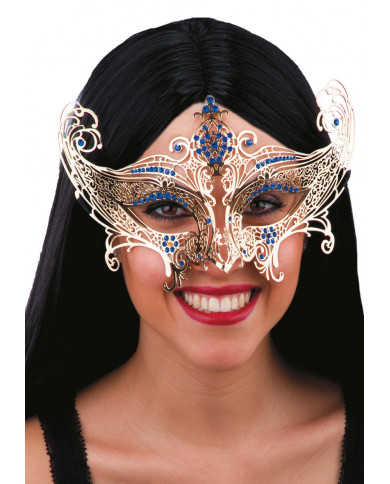 Gold metal chinless mask with blue rhinestones for a disguise