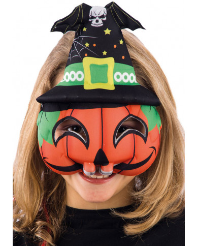 Maschera da zucca per bambino, con cappello nero da strega e