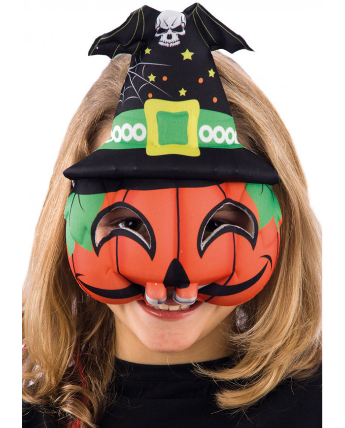 Maschera da zucca per bambino, con cappello nero da strega e
