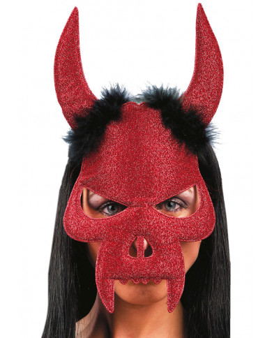Masque diable en tissu avec poudre de paillettes et ornÃ© de plumes
