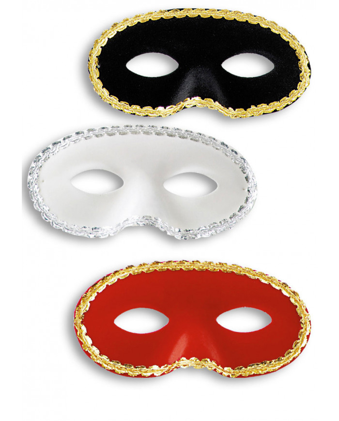 Maschere domino in plastica scamosciata nei colori bianco, nero