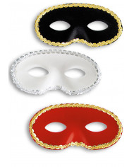 Maschere domino in plastica scamosciata nei colori bianco, nero