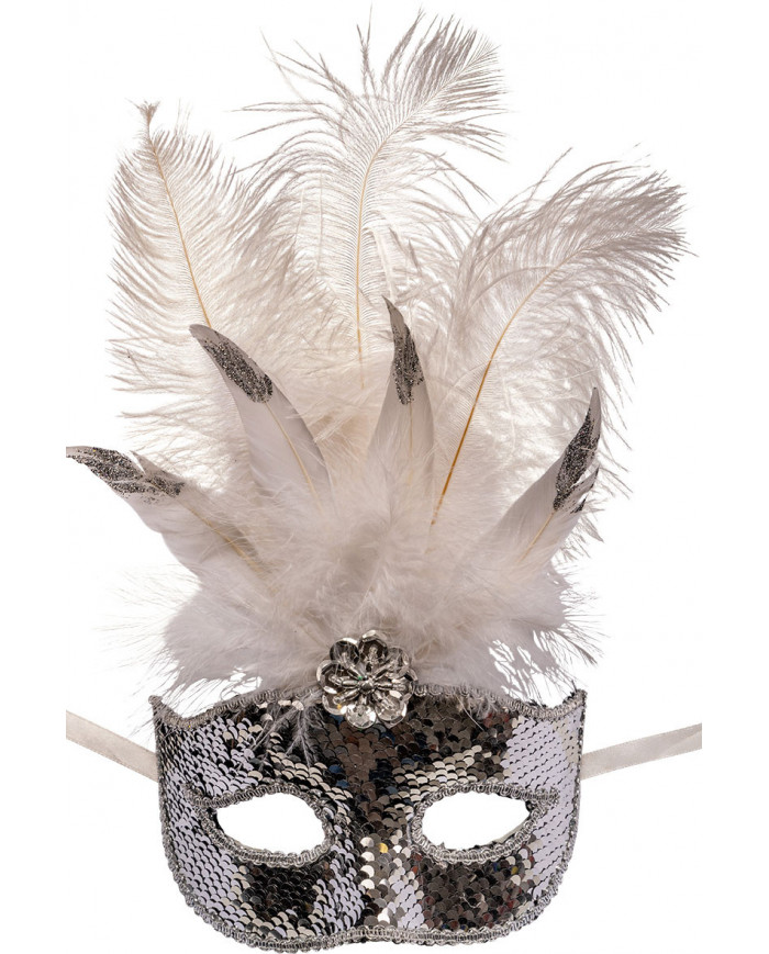 Plastic half face mask decorated with silver sequins and white