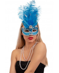 Turquoise plastic half face mask with feathers and decorations