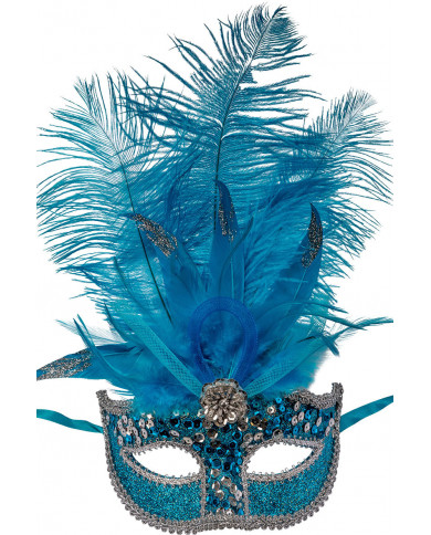 Turquoise plastic half face mask with feathers and decorations