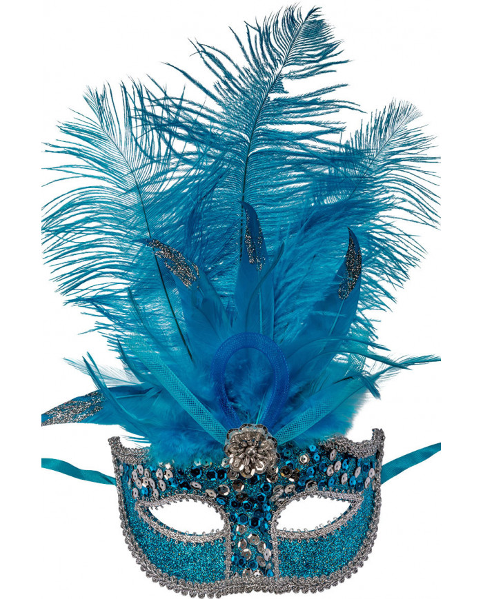 Turquoise plastic half face mask with feathers and decorations