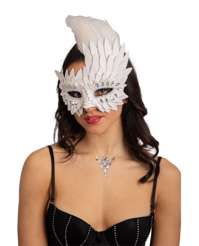 White half face mask in faux leather decorated with crystals