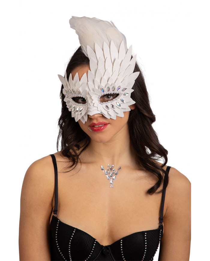 White half face mask in faux leather decorated with crystals