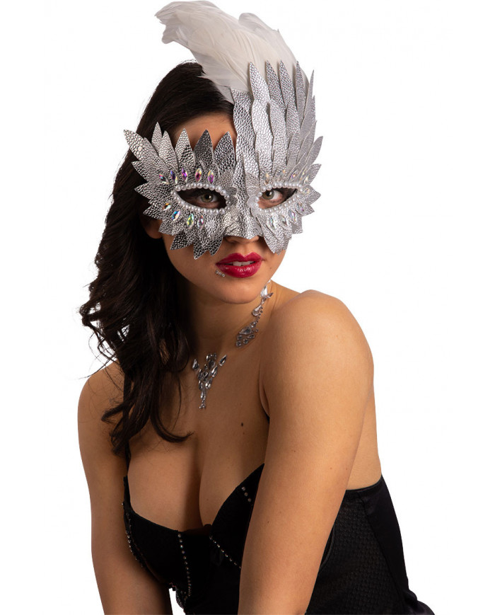 Silver half face mask in faux leather decorated with crystals