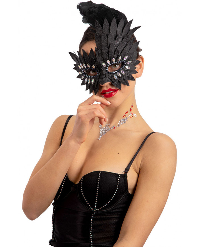 Black half face mask in faux leather decorated with crystals