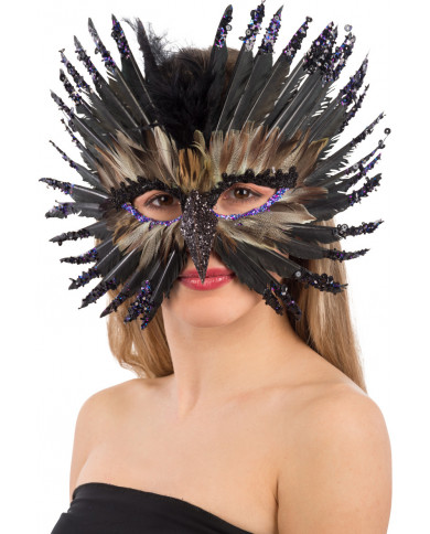 Chinless mask in black feathers decorated with glitter and