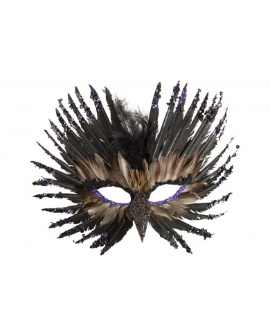 Chinless mask in black feathers decorated with glitter and