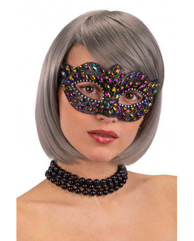 Black plastic mask with colored gems and silver rhinestones