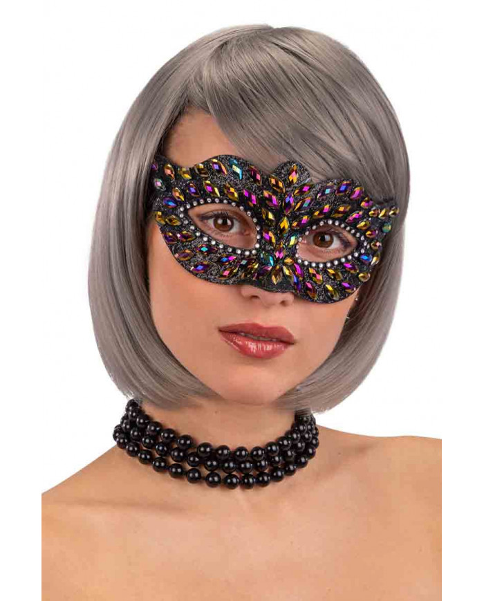 Black plastic mask with colored gems and silver rhinestones