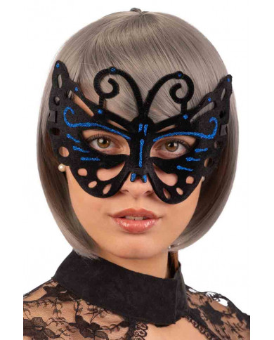 Maschera a forma di farfalla in vellutino nero con dettagli