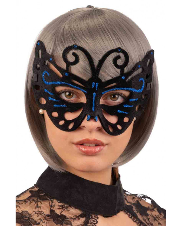 Maschera a forma di farfalla in vellutino nero con dettagli