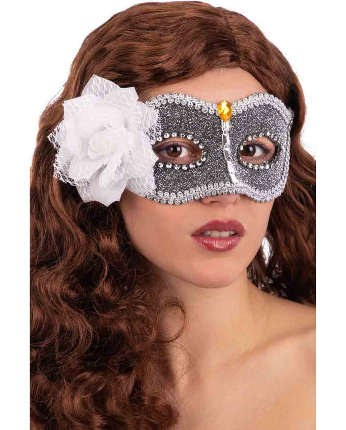 Maschera argento mezzo viso decorata con passamaneria e gemme