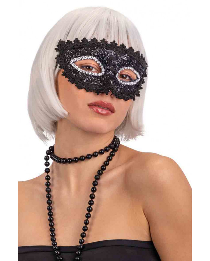 Elegant black plastic mask, decorated with black lace and