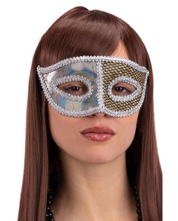Elegant plastic mask decorated with gold and silver fabric and