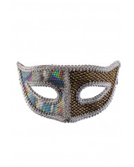 Elegant plastic mask decorated with gold and silver fabric and