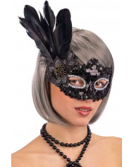 Plastic mask with black sequins, decorated with feathers on one