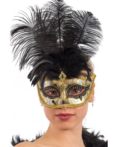 Chinless mask in plastic with black and gold glitter, feathers