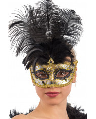Chinless mask in plastic with black and gold glitter, feathers