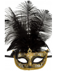 Chinless mask in plastic with black and gold glitter, feathers