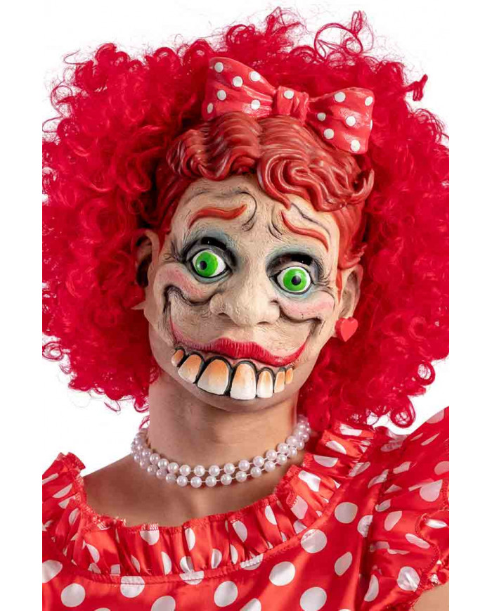 Caricature latex woman mask with green eyes, red hair with bow