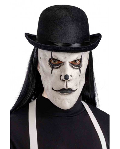 White latex mask with black mouth, eyes and nose. Ideal for