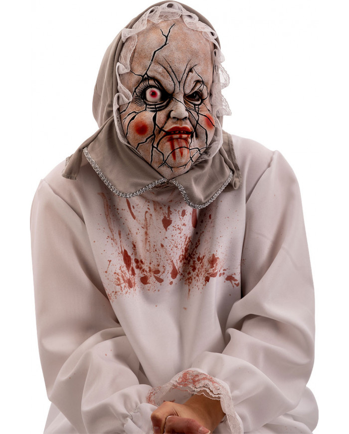 Latex baby mask with fabric hood to complete a thrilling