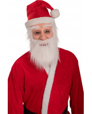 Latex Santa Claus mask with beard and fabric hat, wearing this