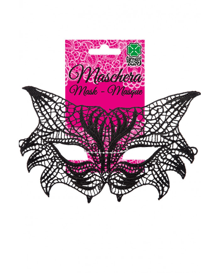 Chinless mask in black macrame' fabric shaped like a cat's