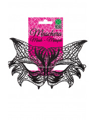 Chinless mask in black macrame' fabric shaped like a cat's