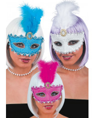 Antifaz de plÃ¡stico con textura rajada con pluma y gema de colores