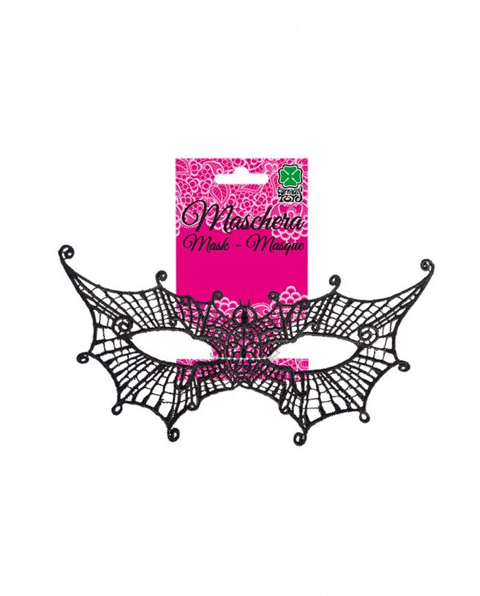 Chinless mask in black macrame' fabric shaped like a bat. Ideal