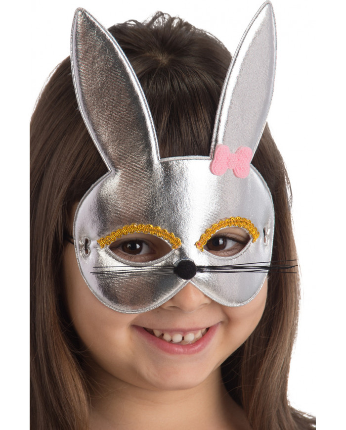 Chinless bunny mask in silver metallic fabric, decorated with