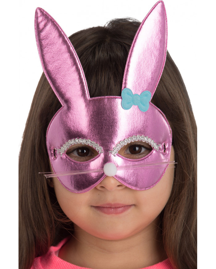 Chinless bunny mask in pink metallic fabric, decorated with