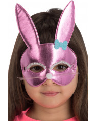 Chinless bunny mask in pink metallic fabric, decorated with