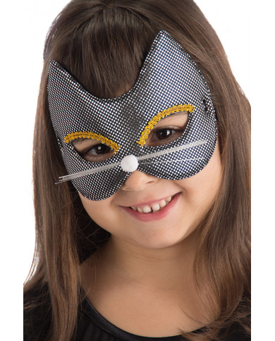 Chinless kitten mask in black metallic fabric, decorated with