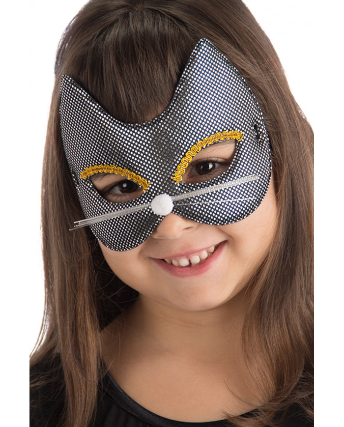 Chinless kitten mask in black metallic fabric, decorated with
