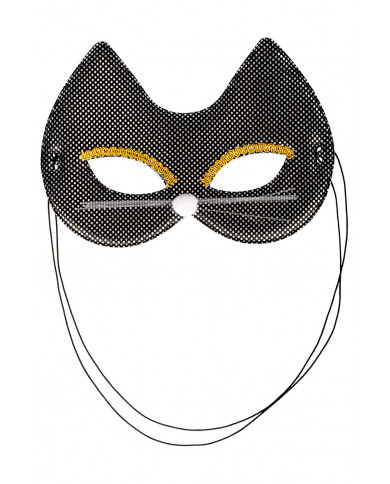 Chinless kitten mask in black metallic fabric, decorated with