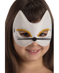 Chinless kitten mask in white metallic fabric, decorated with